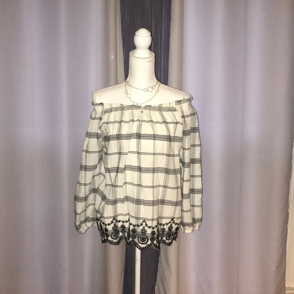 Chaps plaid off the shoulder blouse